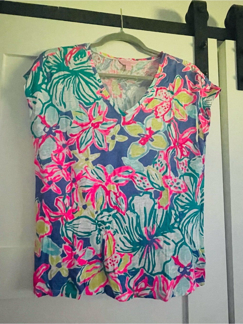 Lilly Pulitzer Floral V-Neck Top in Blue, Pink, Green, Yellow
